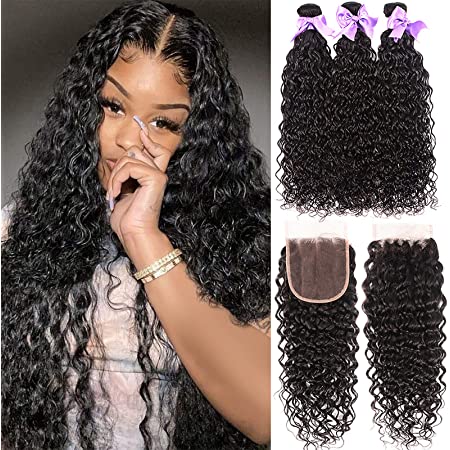 Amazon.com : Water Wave Bundles With Closure 8A Brazilian Virgin Human Hair  Wet and Wavy Hair Bundles with 4x4 Lace Closure Free Part 100% Unprocessed  Curly Human Hair Natural Black Color (18