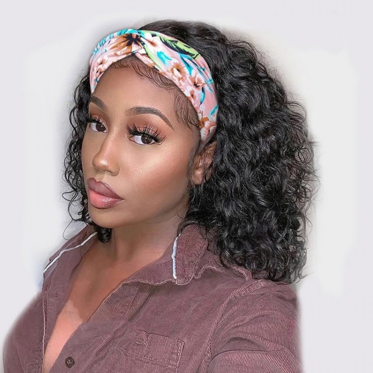 Beautyforever Headband Wig Short Bob Wigs Water Wave Hair Adjustable Wigs  Human Hair Natural Color